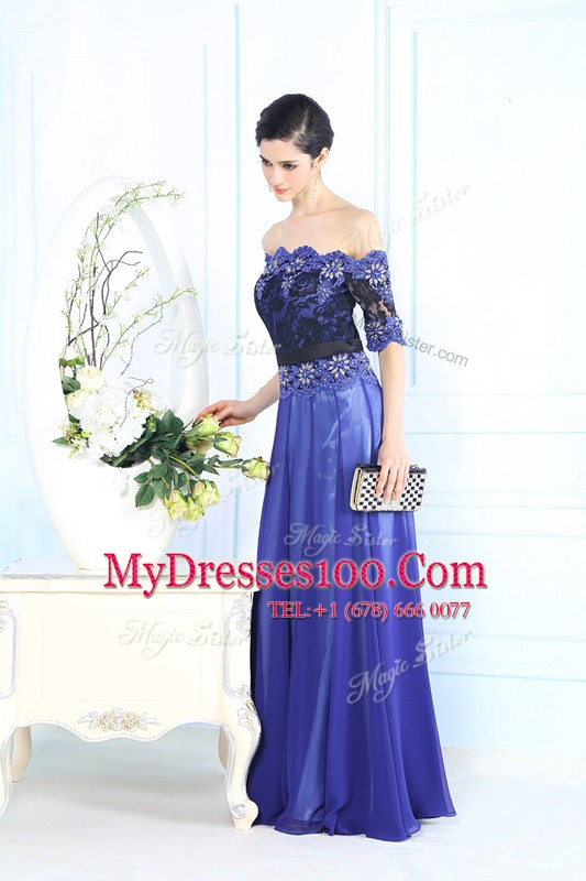 Blue Prom Evening Gown Prom and Party and For with Beading and Appliques Scalloped Half Sleeves Zipper