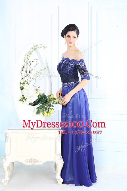 Blue Prom Evening Gown Prom and Party and For with Beading and Appliques Scalloped Half Sleeves Zipper