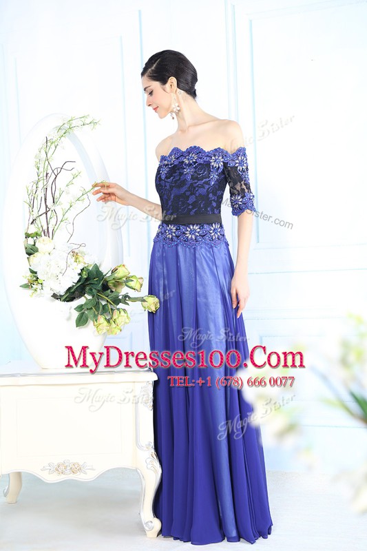Blue Prom Evening Gown Prom and Party and For with Beading and Appliques Scalloped Half Sleeves Zipper
