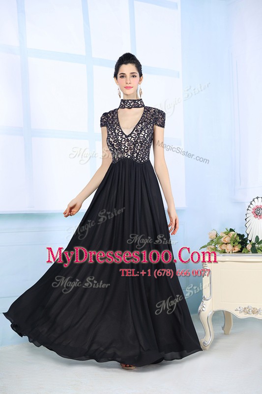 Enchanting Floor Length Black Mother Of The Bride Dress High-neck Short Sleeves Zipper