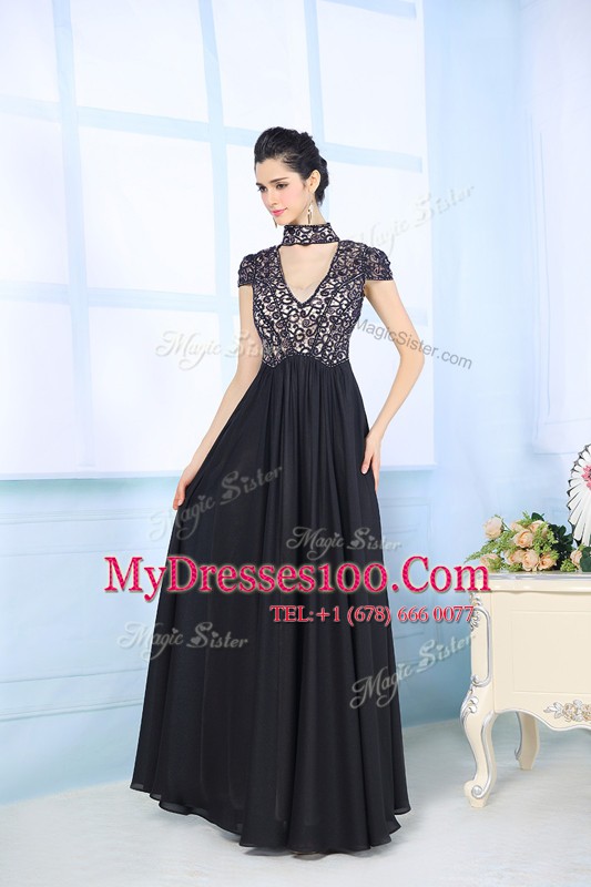 Enchanting Floor Length Black Mother Of The Bride Dress High-neck Short Sleeves Zipper