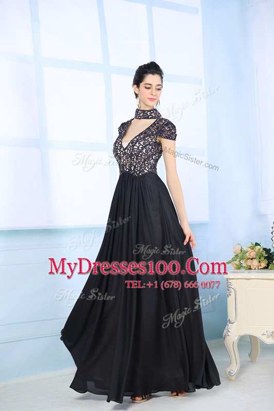 Enchanting Floor Length Black Mother Of The Bride Dress High-neck Short Sleeves Zipper