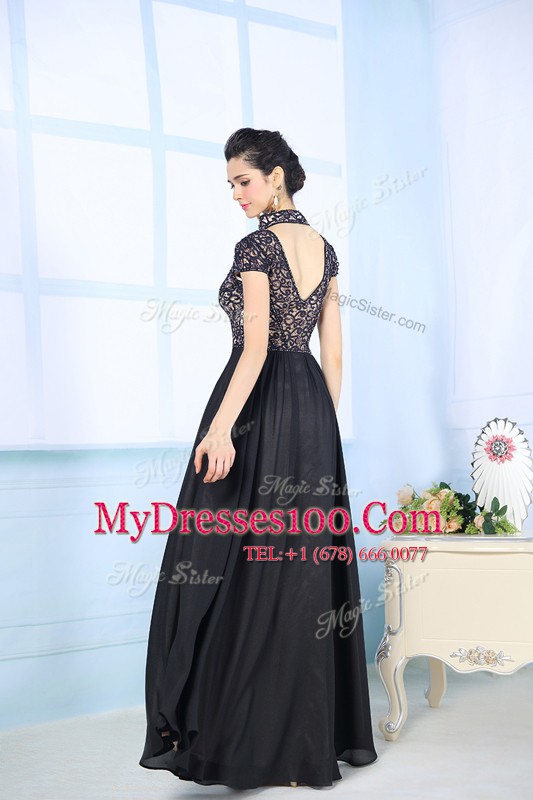 Enchanting Floor Length Black Mother Of The Bride Dress High-neck Short Sleeves Zipper