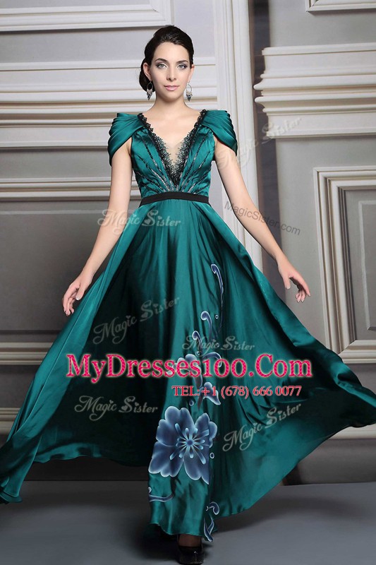 V-neck Short Sleeves Mother Of The Bride Dress Floor Length Beading and Embroidery and Belt Dark Green Satin