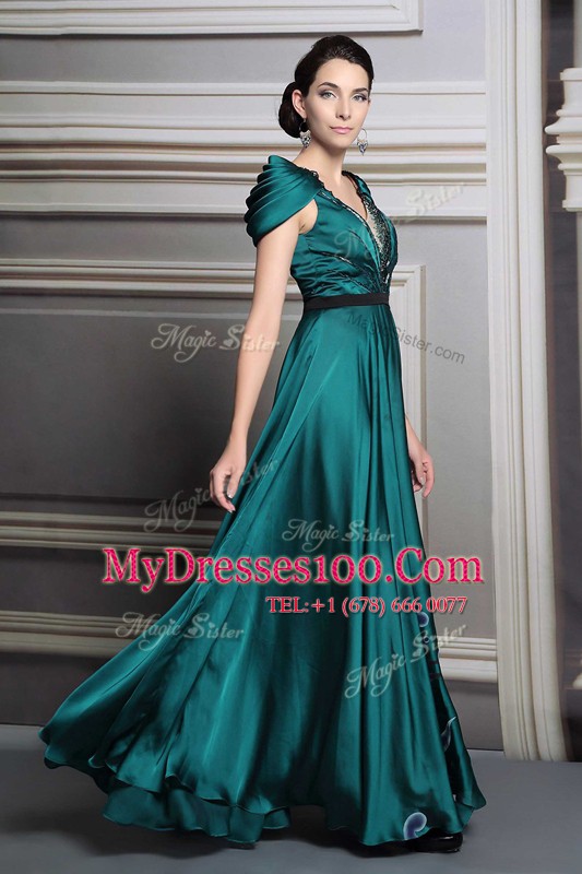 V-neck Short Sleeves Mother Of The Bride Dress Floor Length Beading and Embroidery and Belt Dark Green Satin
