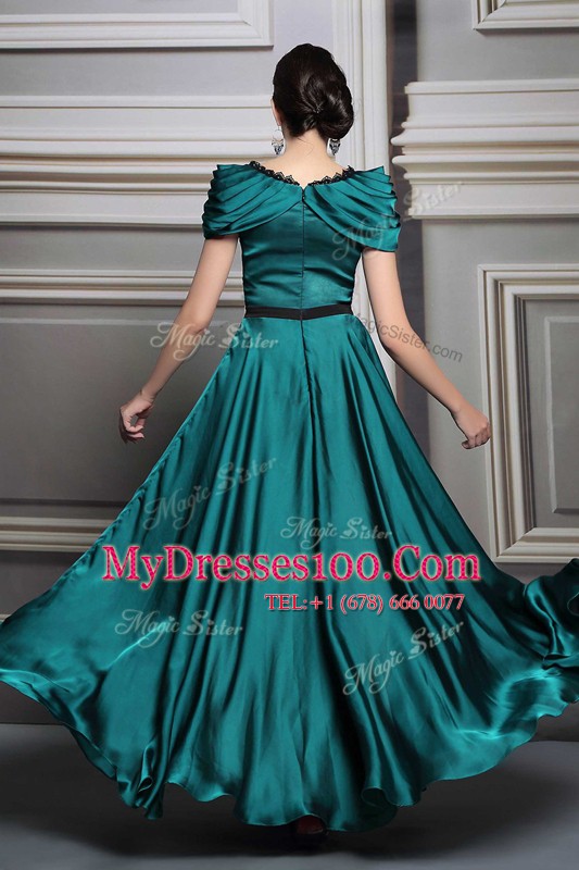 V-neck Short Sleeves Mother Of The Bride Dress Floor Length Beading and Embroidery and Belt Dark Green Satin