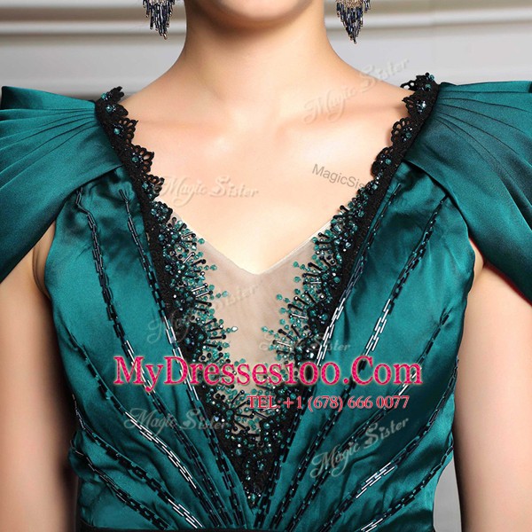 V-neck Short Sleeves Mother Of The Bride Dress Floor Length Beading and Embroidery and Belt Dark Green Satin