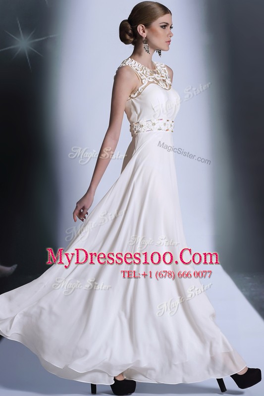 Floor Length White Dress for Prom Scoop Sleeveless Zipper