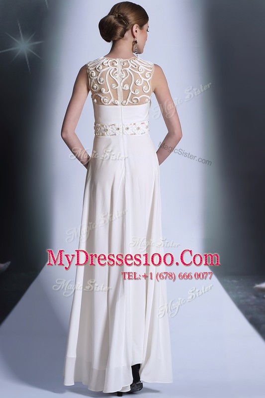 Floor Length White Dress for Prom Scoop Sleeveless Zipper