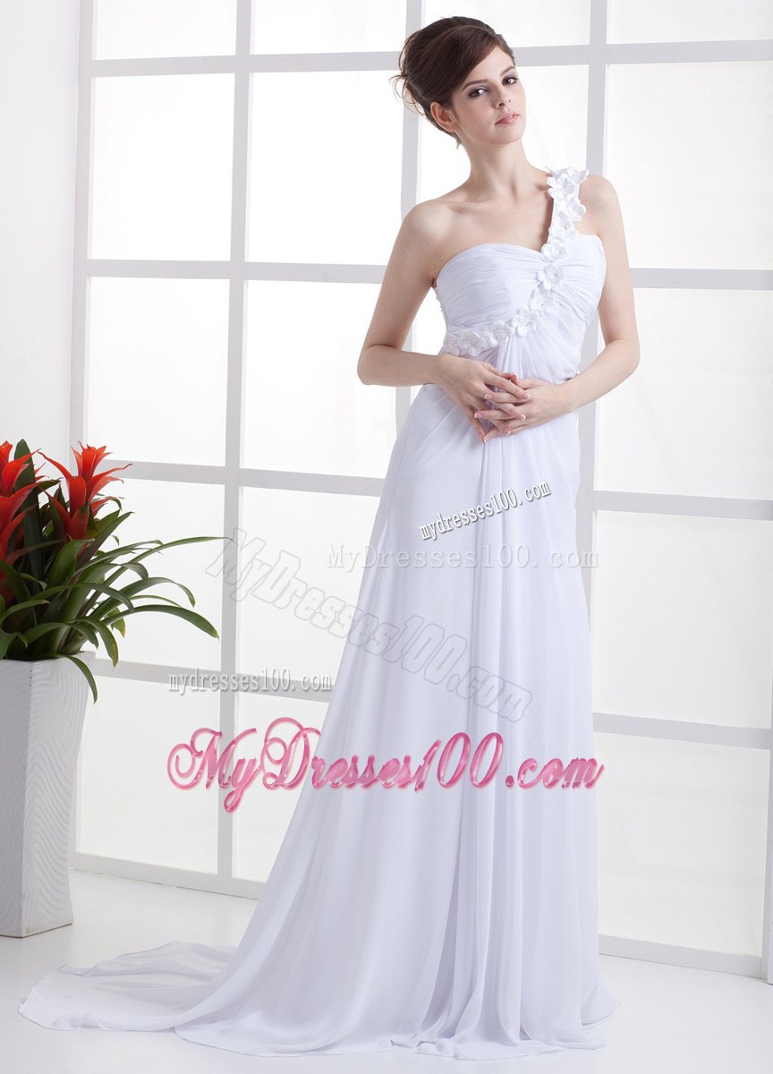 Hand Made Flowers One Shoulder White High Slit Prom Dress