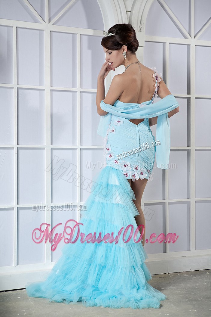 High-low Light Blue One Shoulder Hand Made Flowers Prom Dress