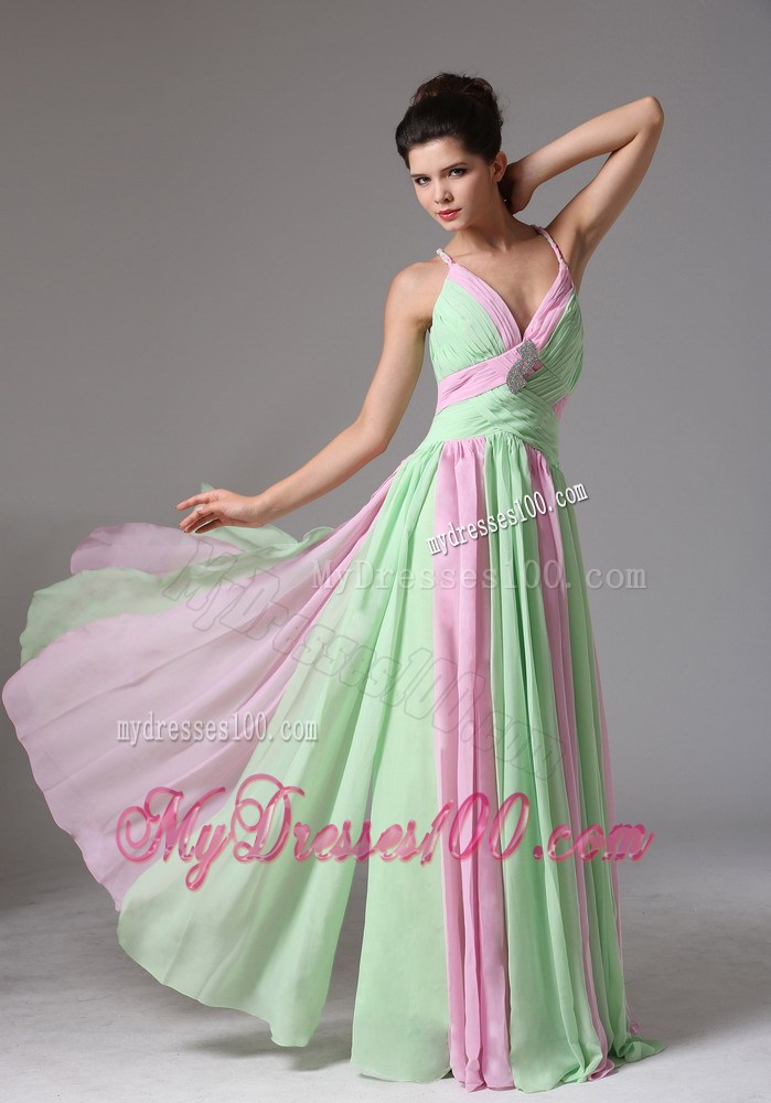 Multi-color Spaghetti Straps Ruched Bodice Prom Dress With Beading