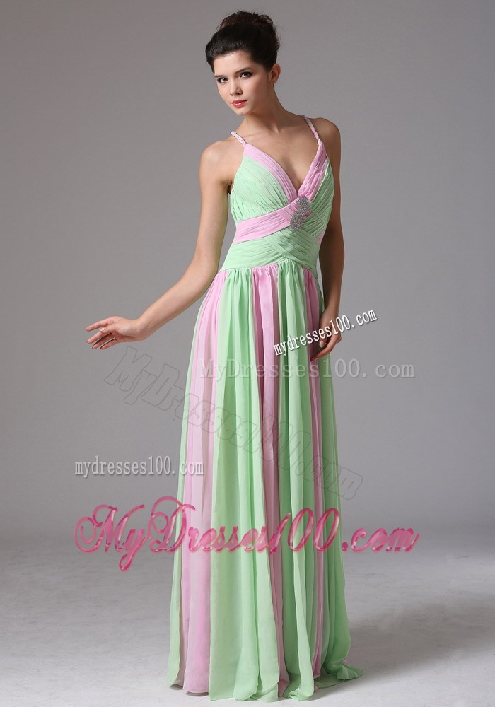 Multi-color Spaghetti Straps Ruched Bodice Prom Dress With Beading