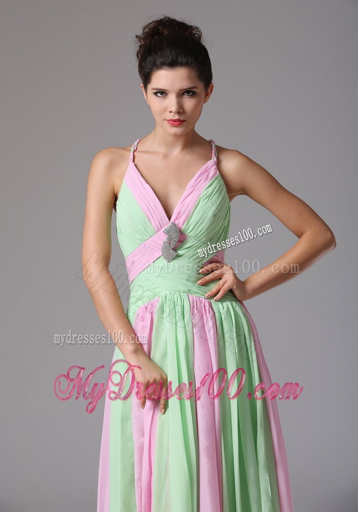 Multi-color Spaghetti Straps Ruched Bodice Prom Dress With Beading