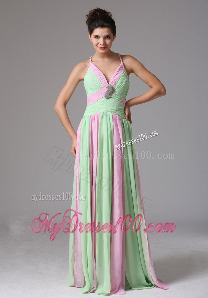 Multi-color Spaghetti Straps Ruched Bodice Prom Dress With Beading