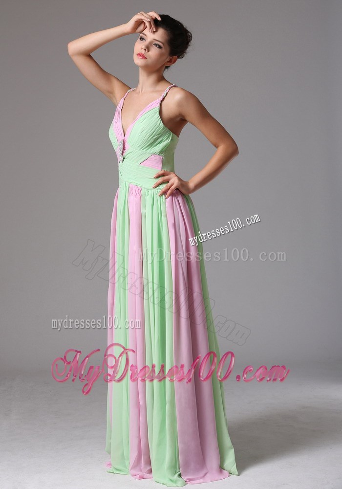 Multi-color Spaghetti Straps Ruched Bodice Prom Dress With Beading