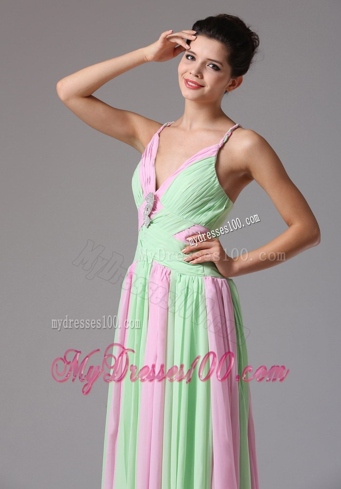 Multi-color Spaghetti Straps Ruched Bodice Prom Dress With Beading