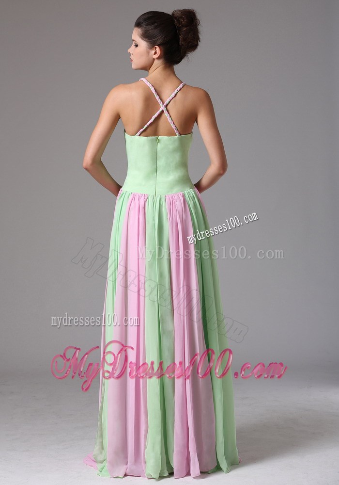 Multi-color Spaghetti Straps Ruched Bodice Prom Dress With Beading
