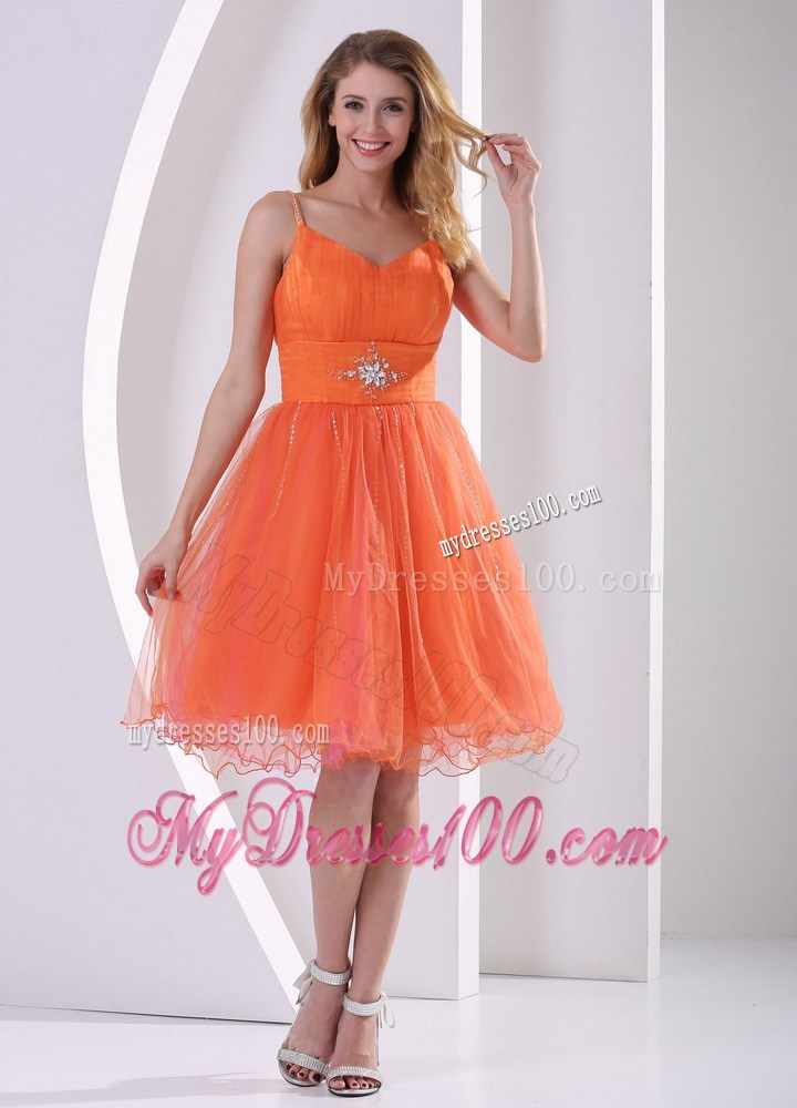 Orange Red Spaghetti Straps Sweet Prom Cocktail Dress With Beading