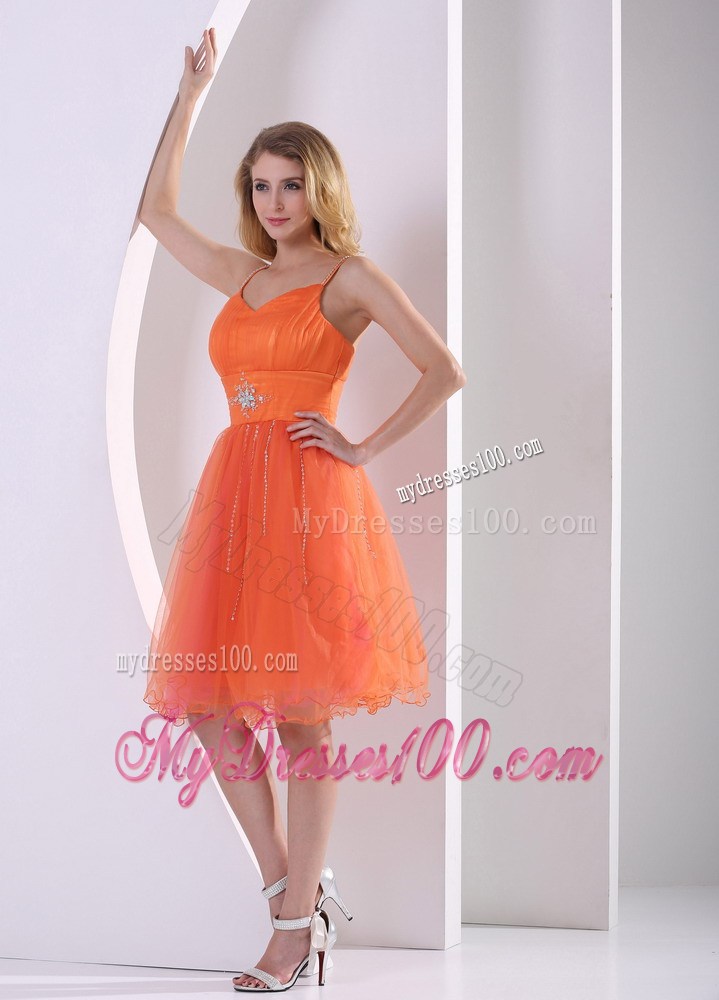Orange Red Spaghetti Straps Sweet Prom Cocktail Dress With Beading