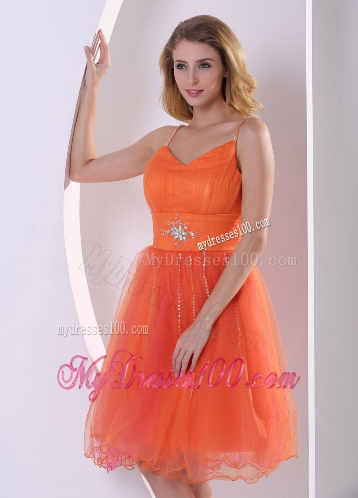 Orange Red Spaghetti Straps Sweet Prom Cocktail Dress With Beading