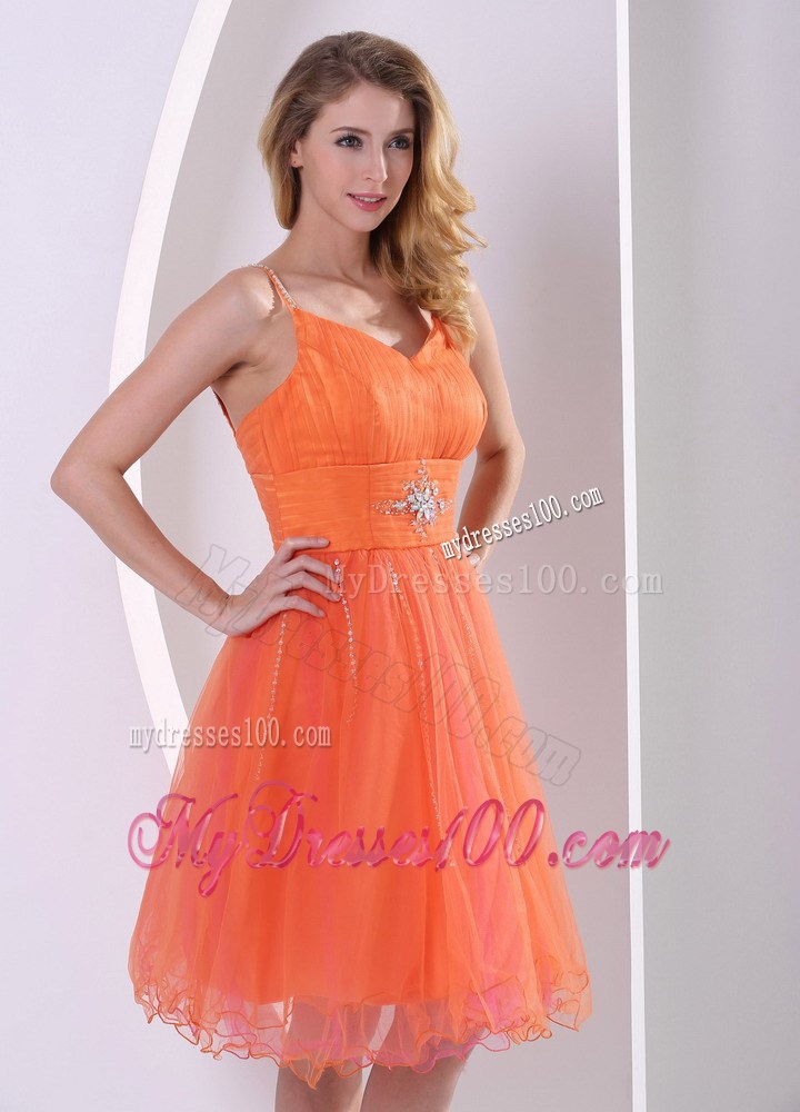 Orange Red Spaghetti Straps Sweet Prom Cocktail Dress With Beading