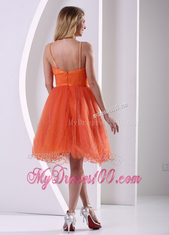 Orange Red Spaghetti Straps Sweet Prom Cocktail Dress With Beading