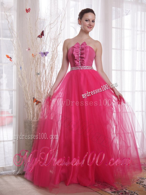 Hot Pink A-Line Princess Strapless Floor-length Beading Prom Dress