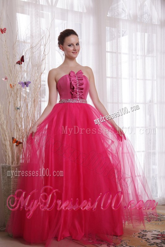 Hot Pink A-Line Princess Strapless Floor-length Beading Prom Dress