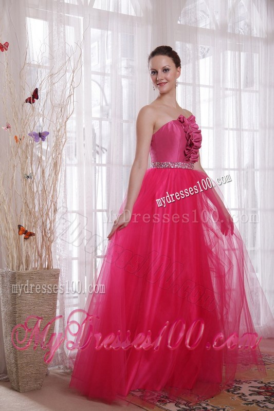 Hot Pink A-Line Princess Strapless Floor-length Beading Prom Dress