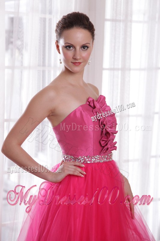Hot Pink A-Line Princess Strapless Floor-length Beading Prom Dress
