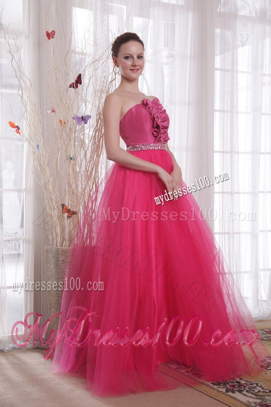 Hot Pink A-Line Princess Strapless Floor-length Beading Prom Dress