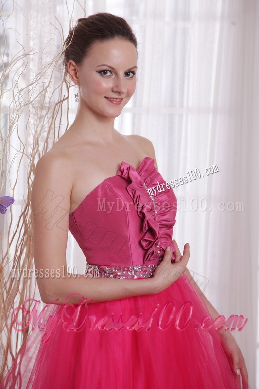 Hot Pink A-Line Princess Strapless Floor-length Beading Prom Dress