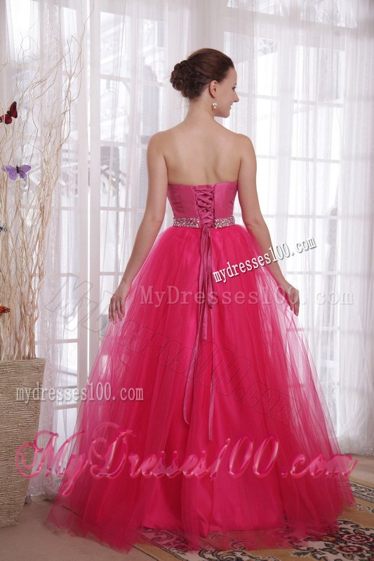 Hot Pink A-Line Princess Strapless Floor-length Beading Prom Dress