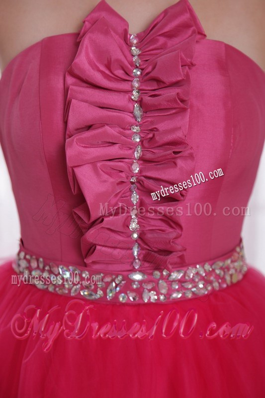 Hot Pink A-Line Princess Strapless Floor-length Beading Prom Dress