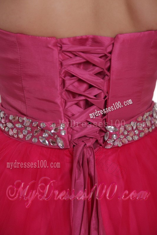Hot Pink A-Line Princess Strapless Floor-length Beading Prom Dress