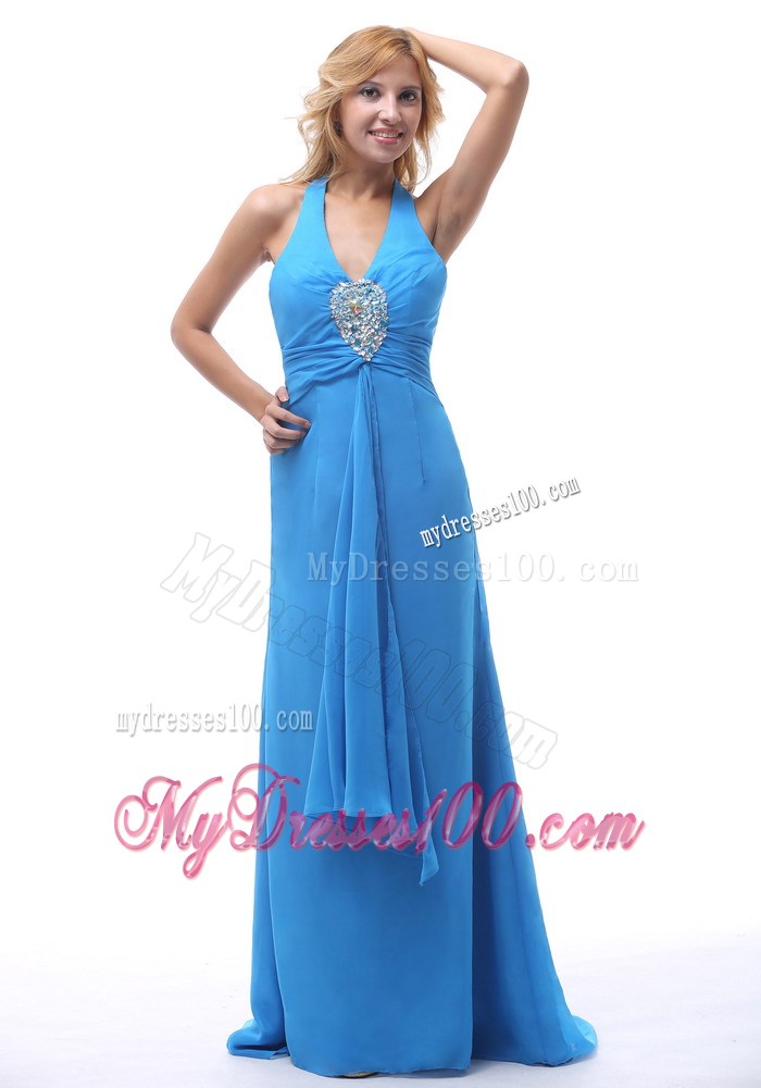 2013 Sky Blue Halter Beaded Prom / Evening Dress With Brush Train For Custom Made
