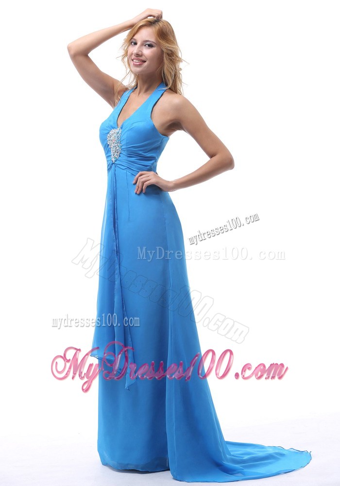 2013 Sky Blue Halter Beaded Prom / Evening Dress With Brush Train For Custom Made