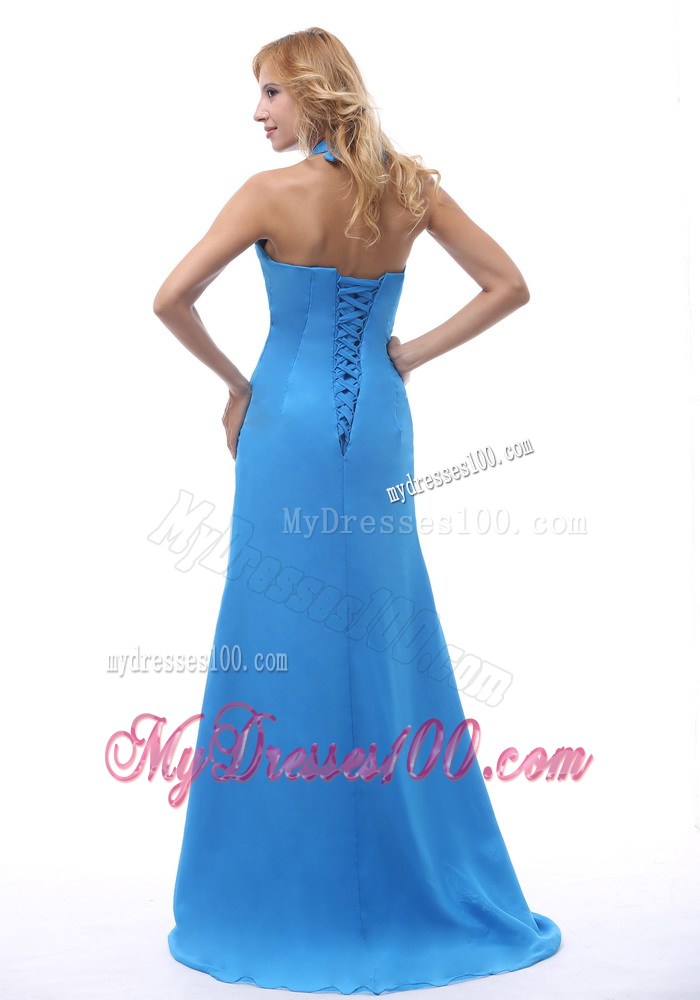 2013 Sky Blue Halter Beaded Prom / Evening Dress With Brush Train For Custom Made