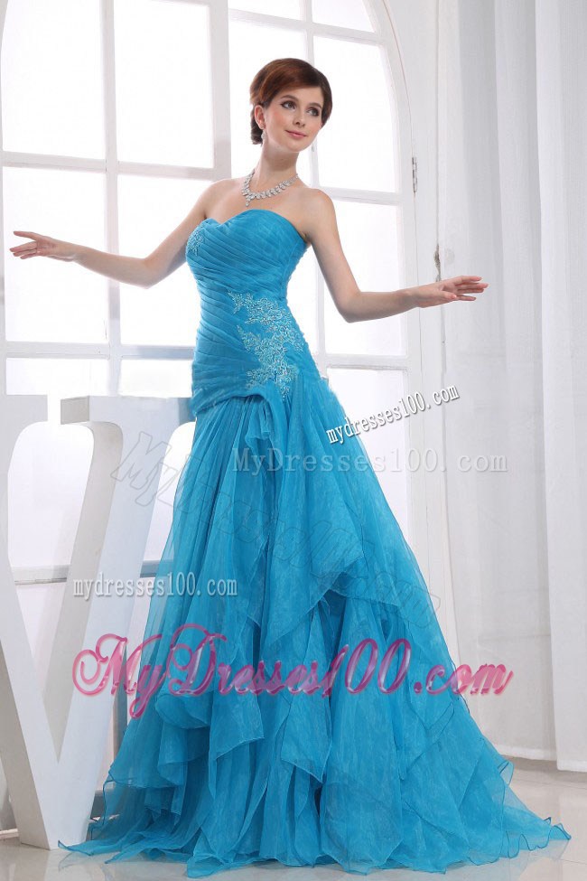 Blue Floor-length Ruched and Appliques Sweetheart Prom Dress