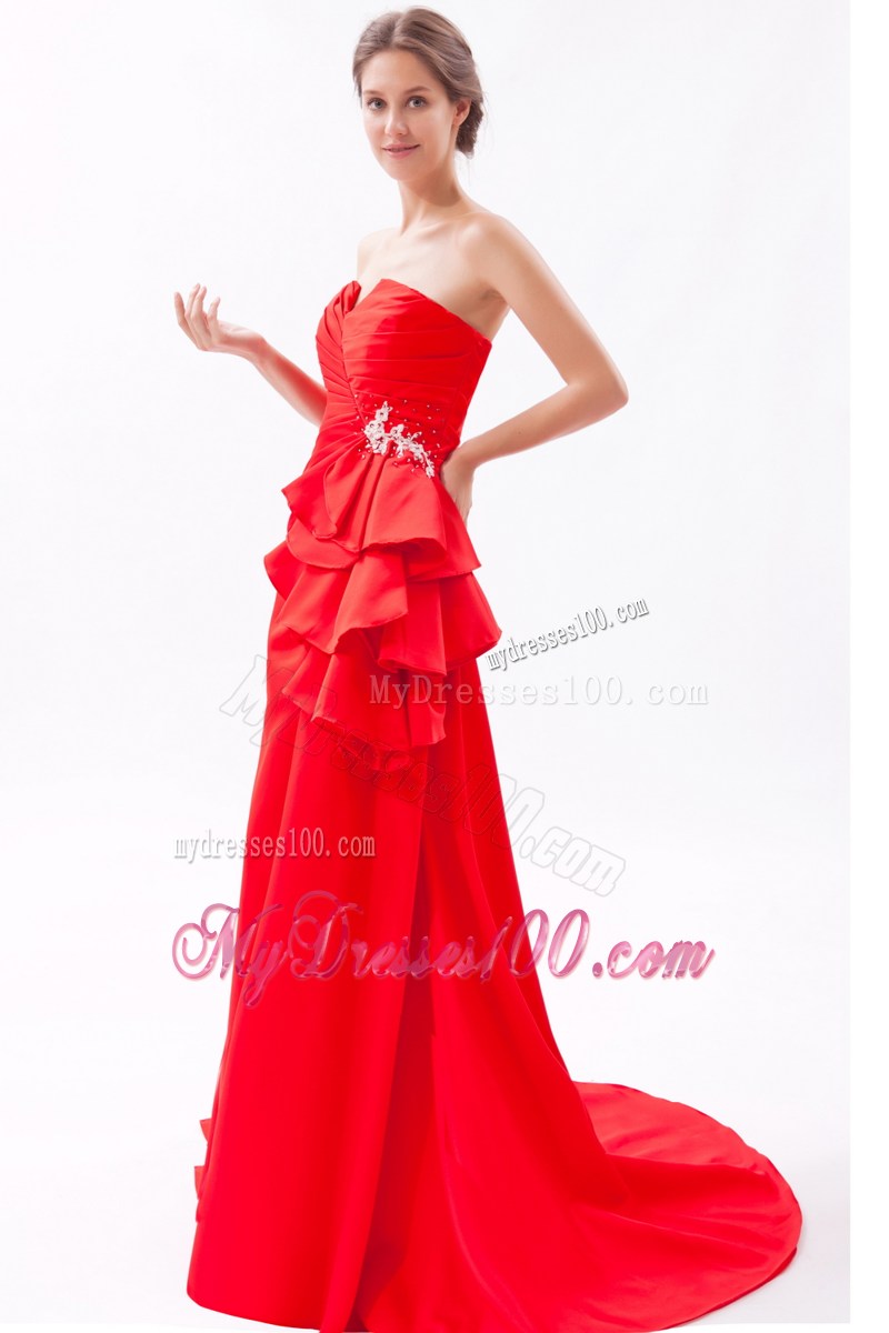 Beautiful Red Strapless Beading Prom Dress with Brush Train