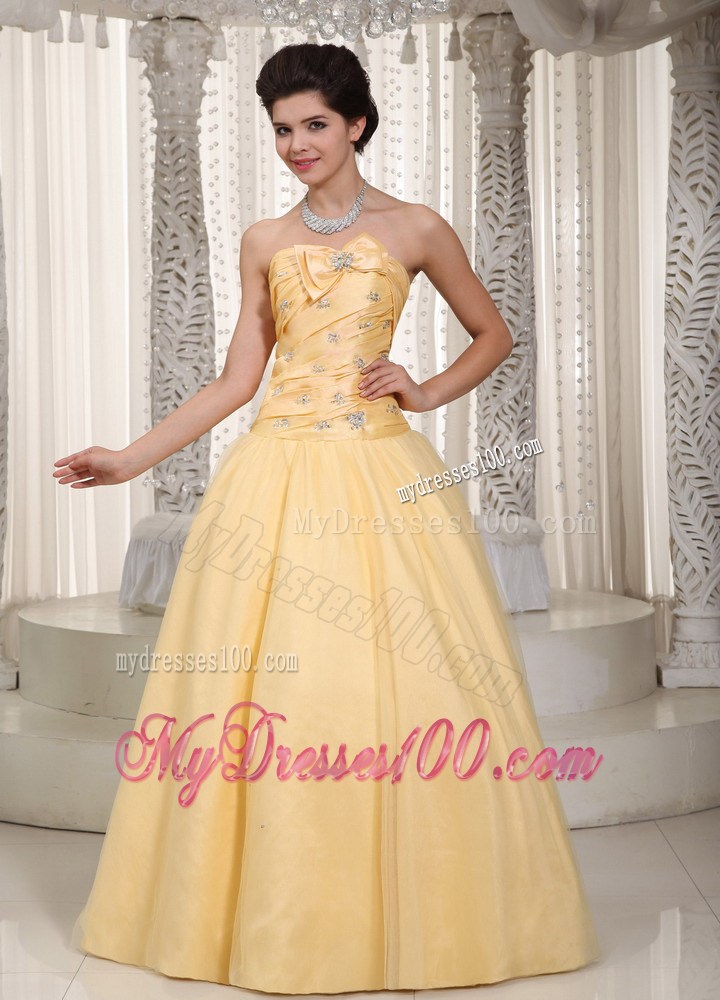 Yellow Strapless Beading and Bow Prom Dress in Floor-length