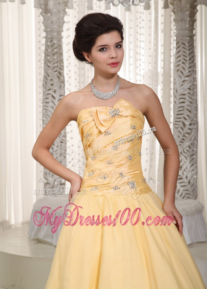 Yellow Strapless Beading and Bow Prom Dress in Floor-length