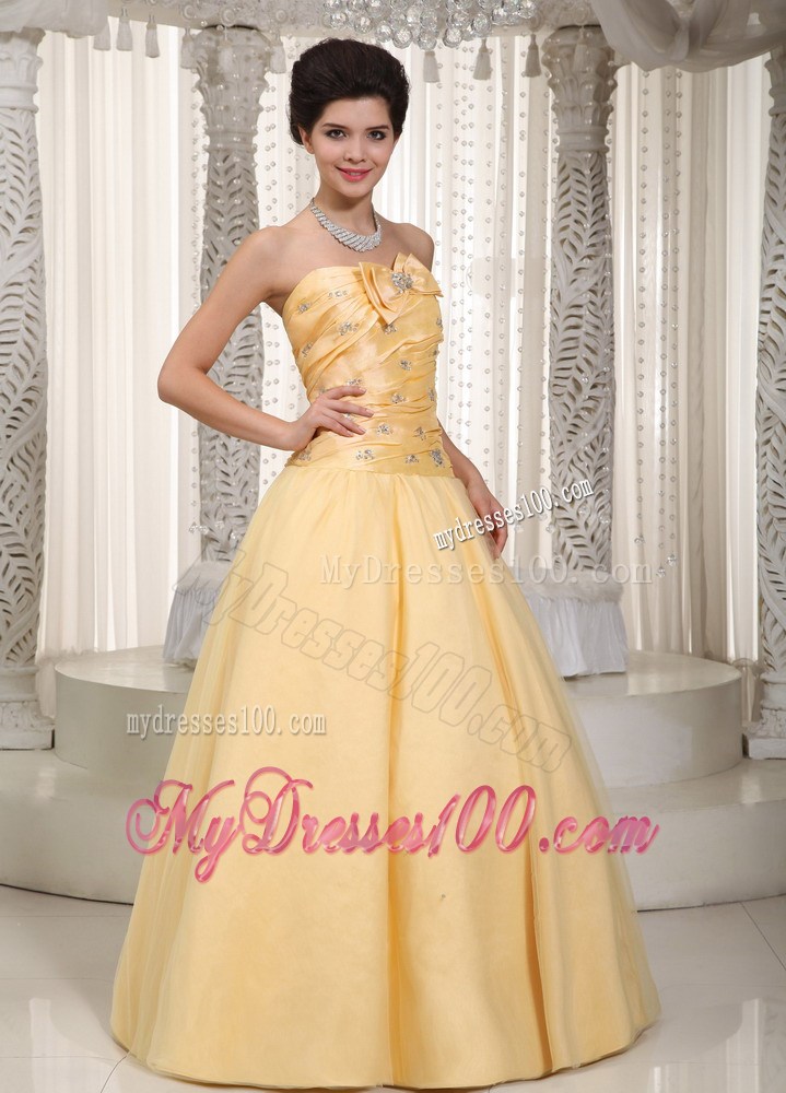 Yellow Strapless Beading and Bow Prom Dress in Floor-length