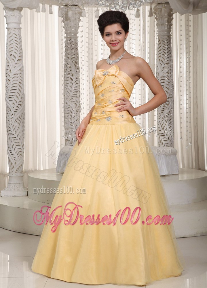 Yellow Strapless Beading and Bow Prom Dress in Floor-length