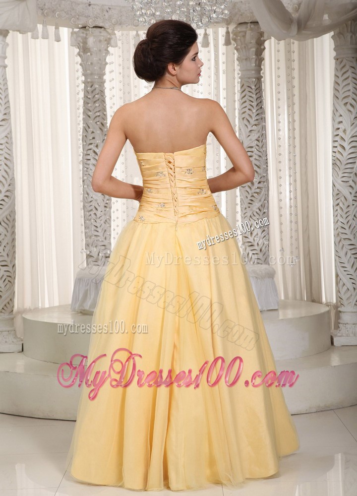 Yellow Strapless Beading and Bow Prom Dress in Floor-length