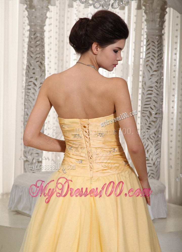 Yellow Strapless Beading and Bow Prom Dress in Floor-length