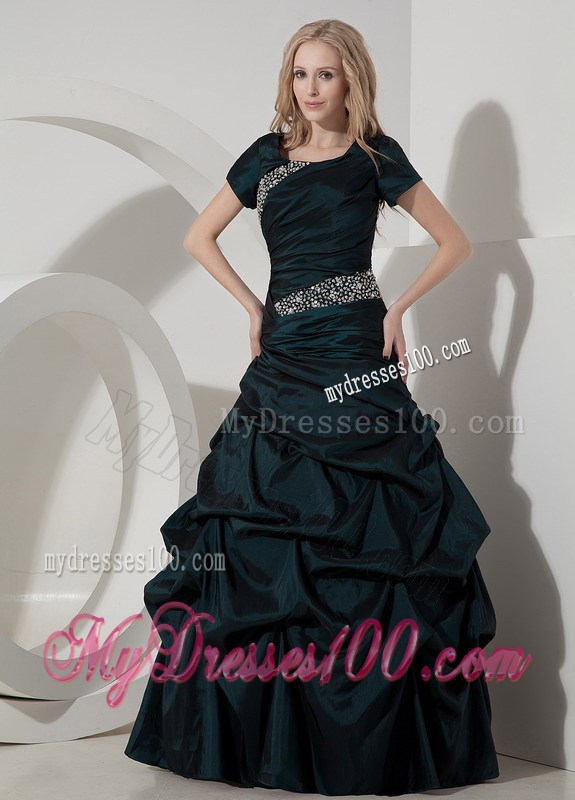 Elegant Navy Blue Scoop Beading Prom Dress with Short Sleeves