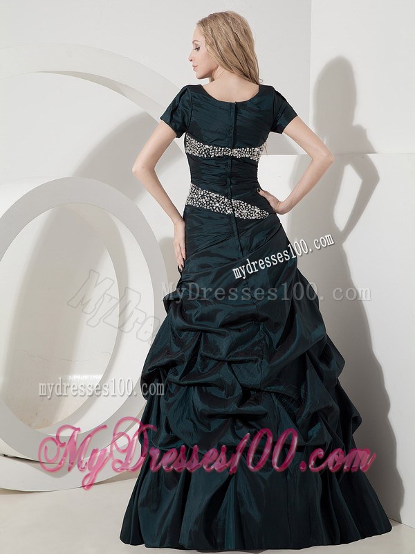 Elegant Navy Blue Scoop Beading Prom Dress with Short Sleeves