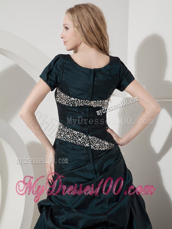Elegant Navy Blue Scoop Beading Prom Dress with Short Sleeves